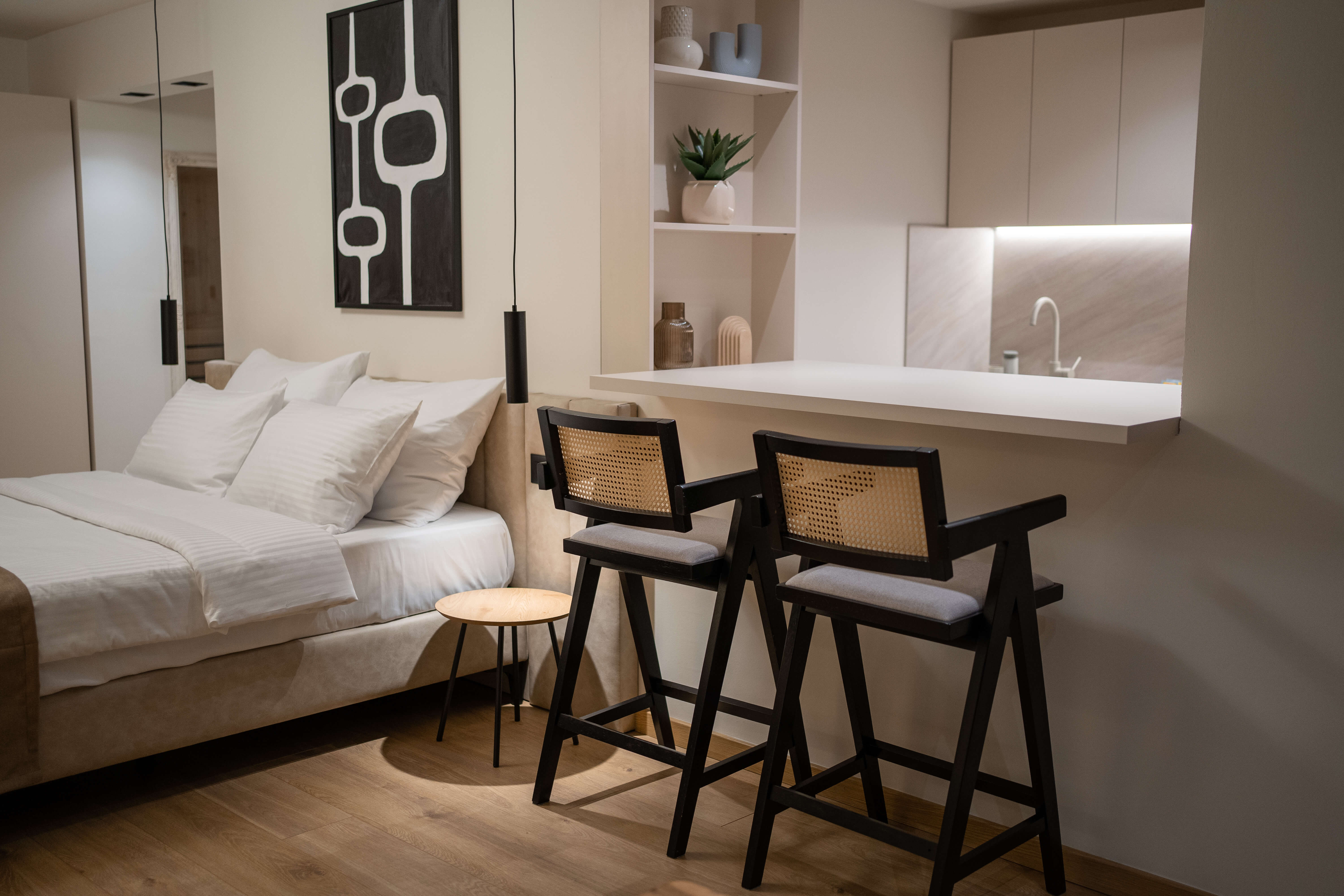 Warm living room, layered neutrals