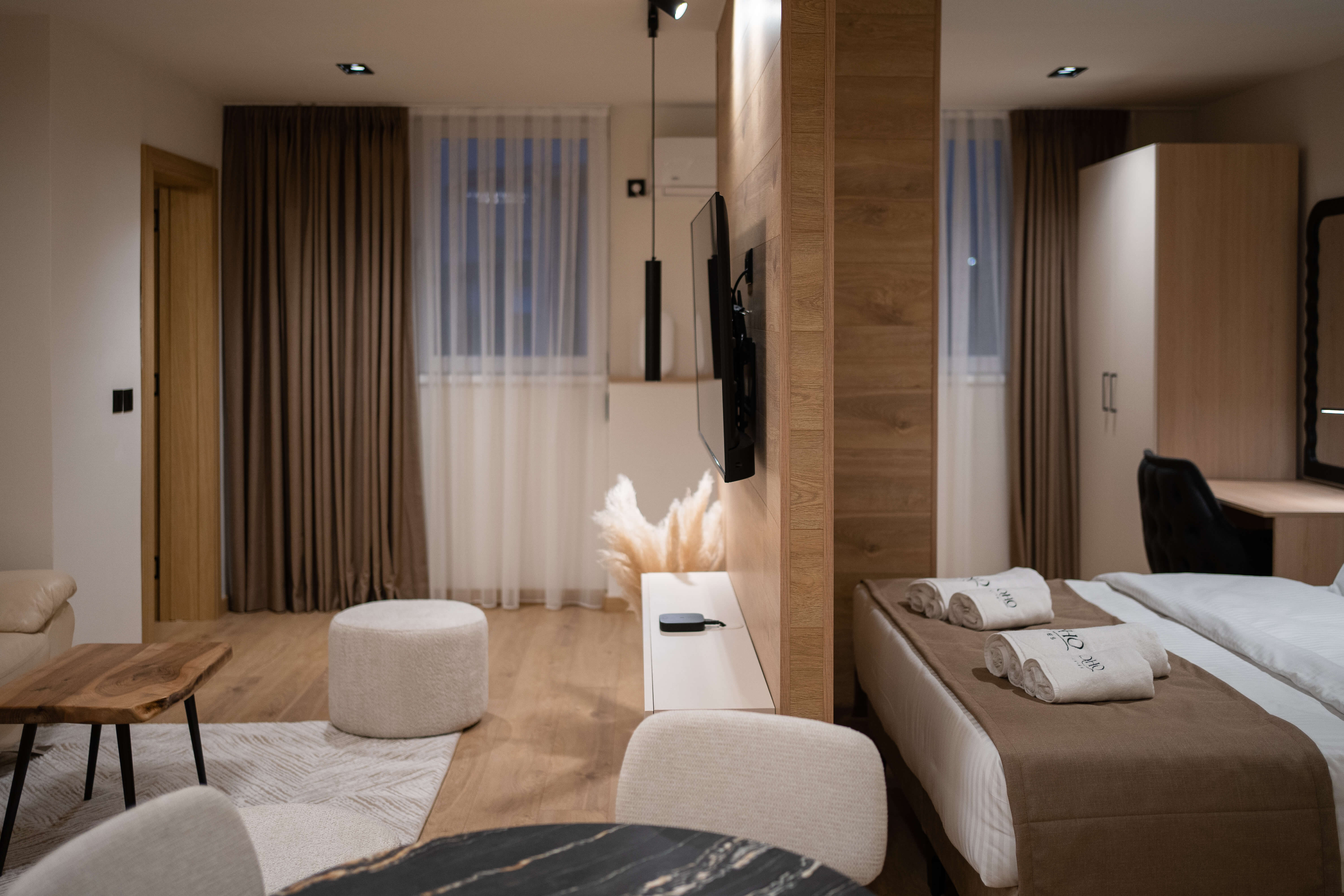 Warm living room, layered neutrals